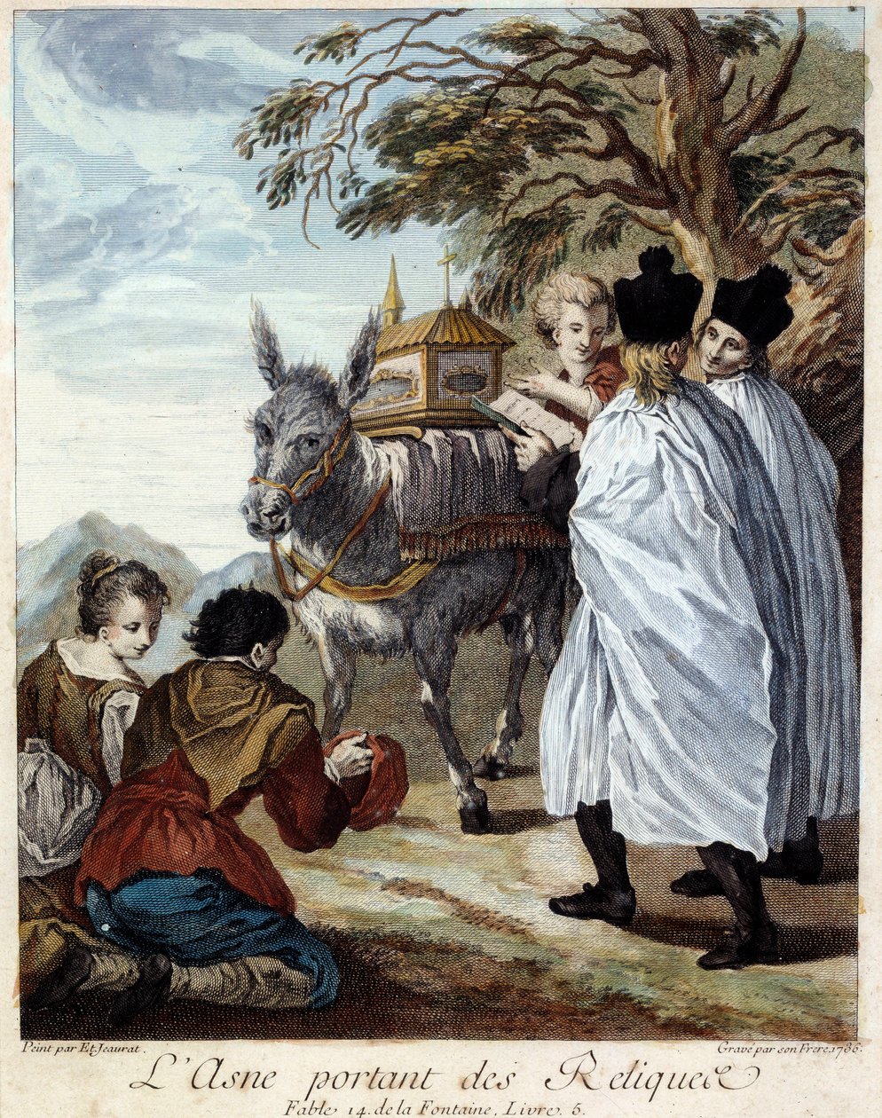 Relikty niosące osła. Ilustracja do bajki Jeana de La Fontaine