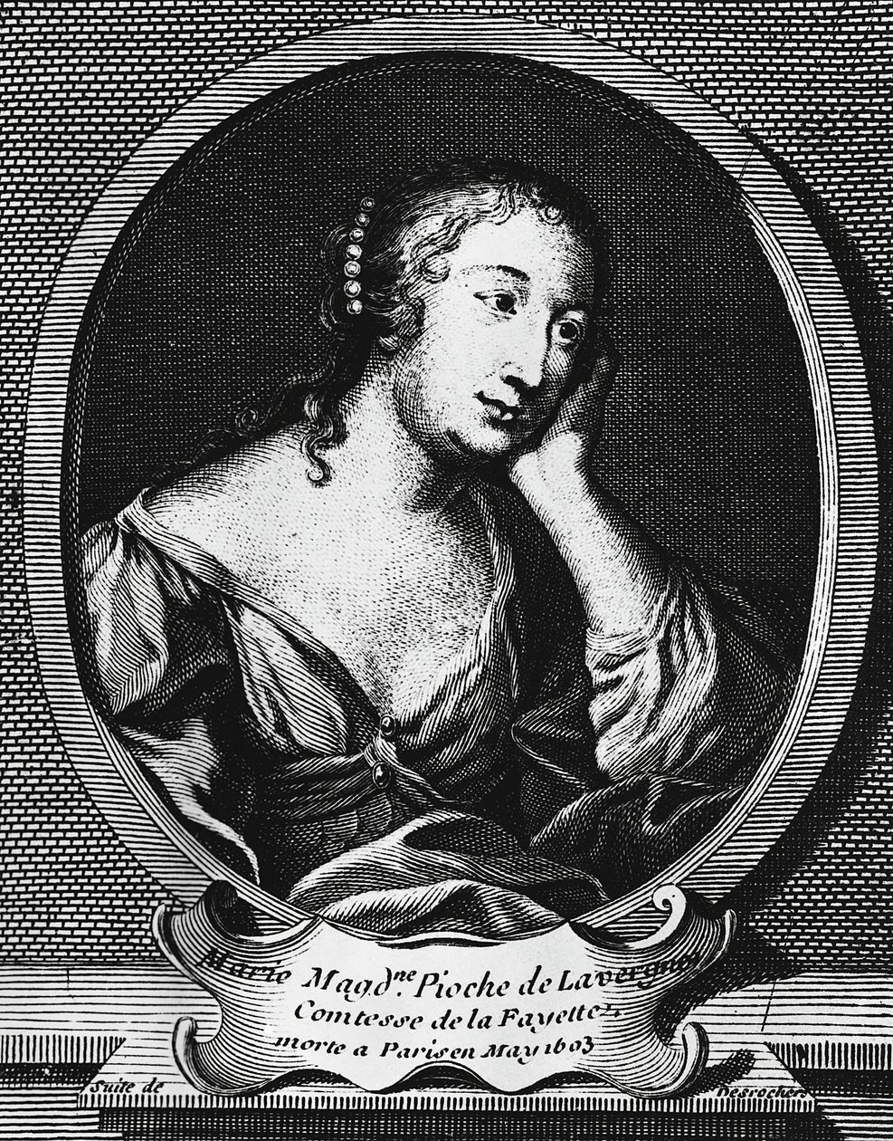 Medalionowy portret Marie-Madeleine Pioche de La Vergne, hrabiny La Fayette (1634-1693), francuskiej powieściopisarki, rycina: Etienne Jehandier Desrochers (1668-1741) autorstwa Etienne Jehandier Desrochers