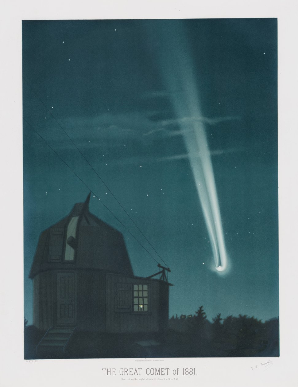Wielka Kometa 1881, obserwowana w nocy z 25 na 26 czerwca o godz. 1.30, z The Trouvelot Astronomical Drawings 1881, wyd. 1881 (litografia kolorowa) autorstwa Étienne Léopold Trouvelot
