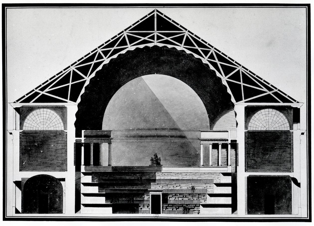 Bibliotheque Royale de France, rysunek przekrojowy budynku. Architektura autorstwa Etienne Louis Boullee (Etienne-Louis Boullee), francuskiego architekta (1728-1799). autorstwa Etienne Louis Boullee