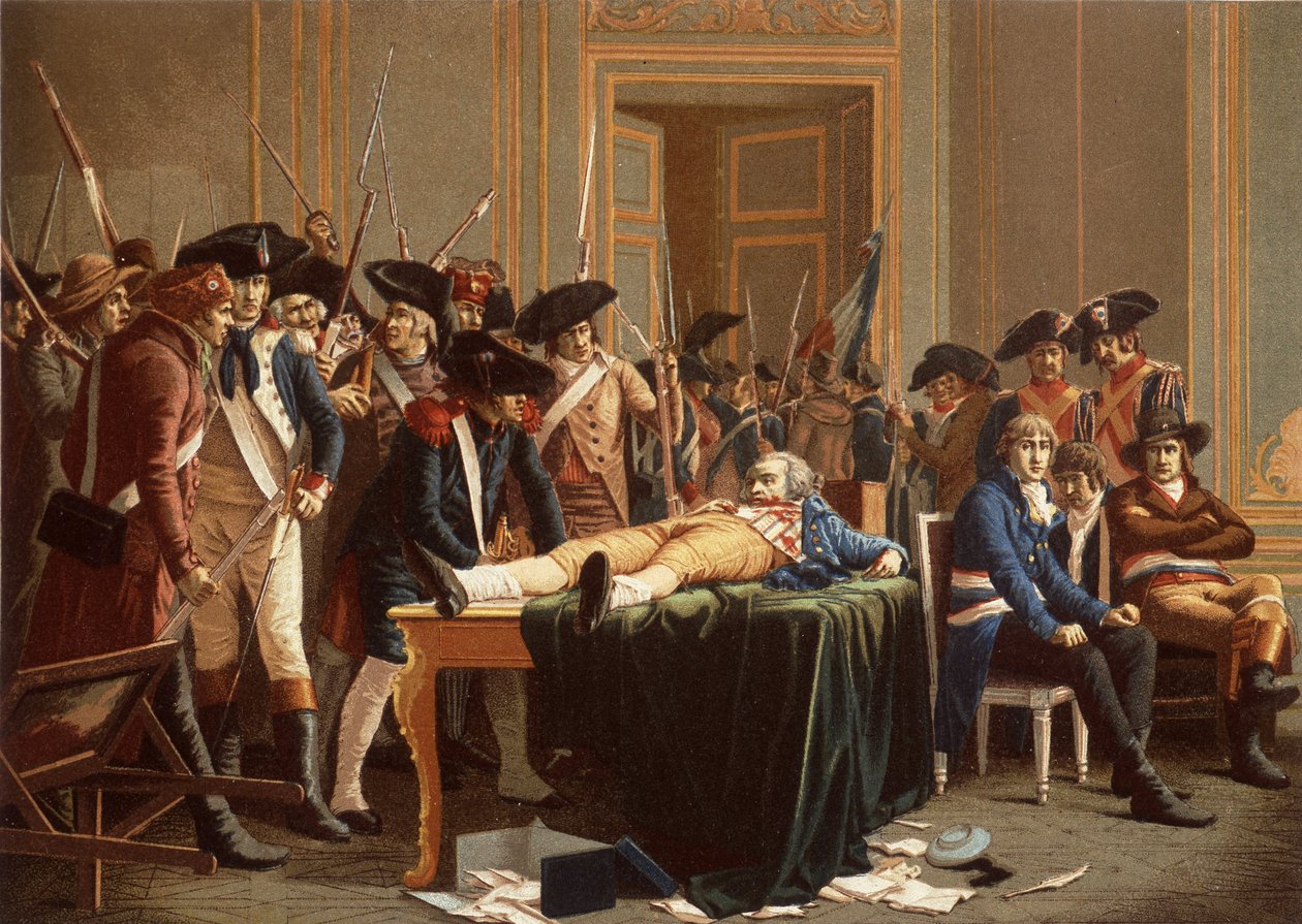 Poranek 10 roku termidora II; Maximilien de Robespierre ze złamaną szczęką, rozłożony na stole (chromolitho) autorstwa Etienne Lucien (after) Melingue