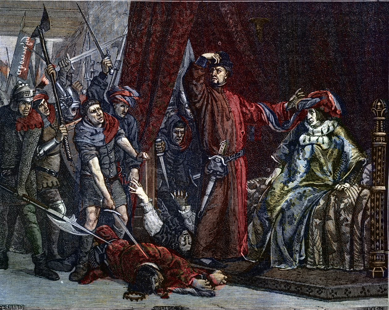 Wojna stuletnia: „”Delfin Karol (wtedy Karol V) (1338-1380) (pierwszy delfin Francji) i Etienne Marcel (132/1310-1358), który zamordował dwóch ministrów (marechaux) Roberta de Clermont i Jeana de Conflans w pokoju francuskiego delfina w autorstwa Etienne Lucien Melingue