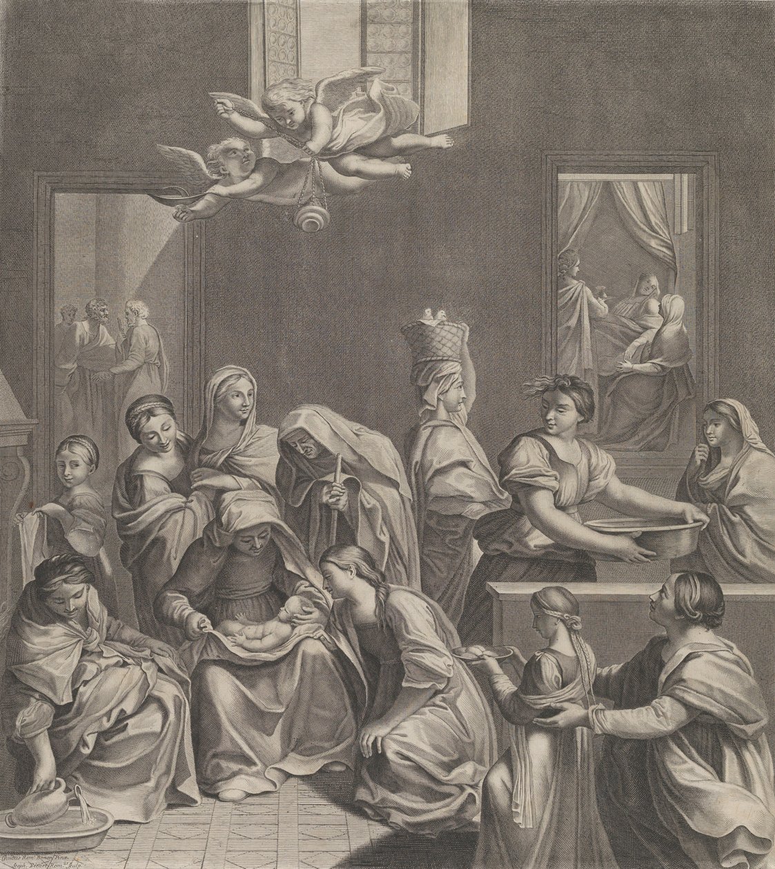 Narodziny Matki Boskiej, siedząca kobieta z niemowlęciem na kolanach, liczne kobiety wokół..., 1677. autorstwa Etienne Picart