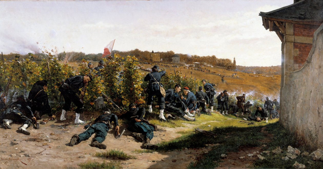Wojna 1870 r.: „”Tirailleurs de la Seine au combat de Rueil Malmaison w dniu 21 października 1870 r.””” podczas obrony Paryża. Obraz Etienne Berne Bellecour (1838-1910) 1875 Nd. 1,03x2,03m autorstwa Etienne Prosper Berne Bellecour