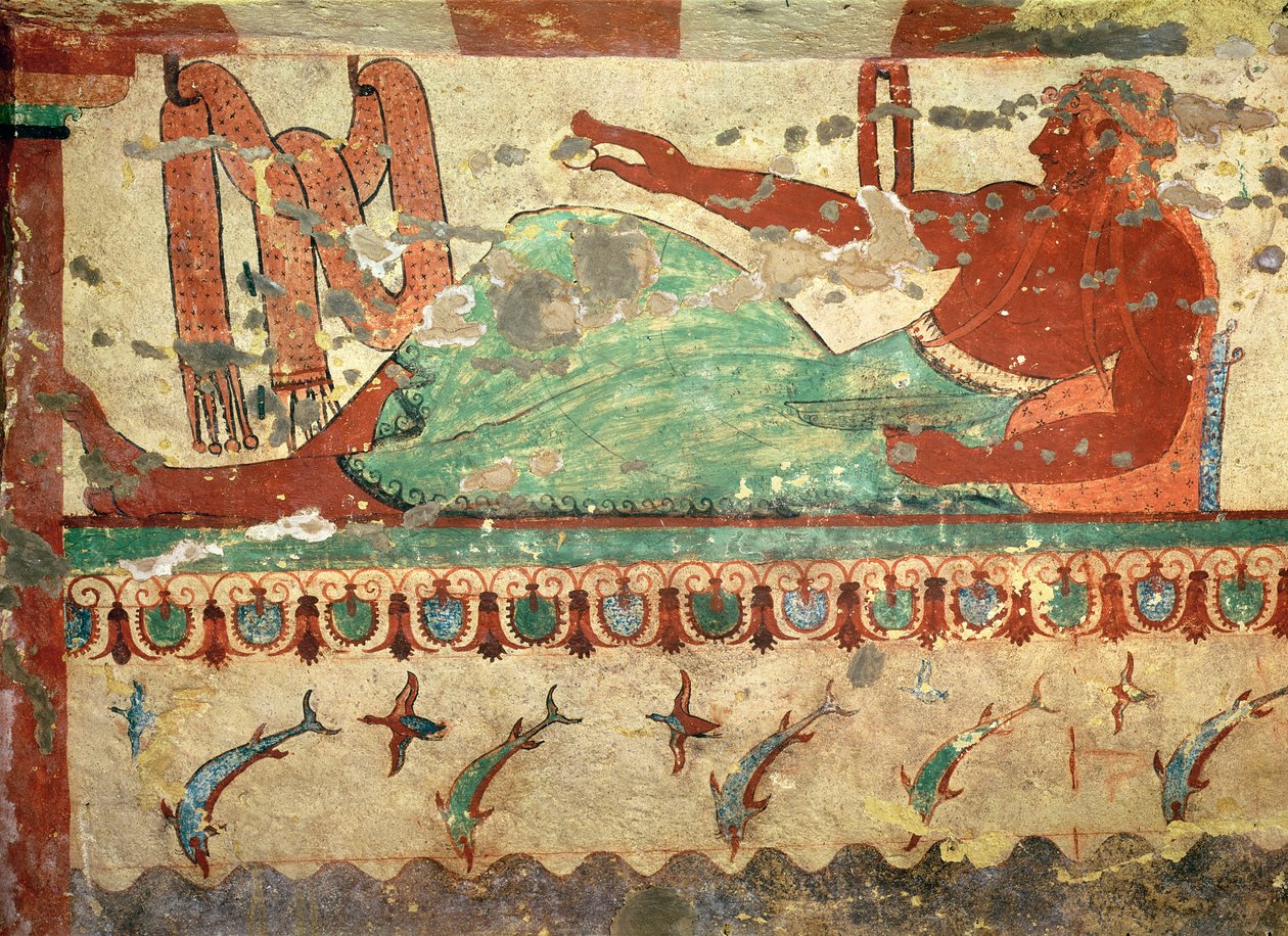 Gość na uczcie pogrzebowej trzymający w ręku jajko, z Grobowca Lwów, ok. 520 p.n.e. (malowidło ścienne) autorstwa Etruscan