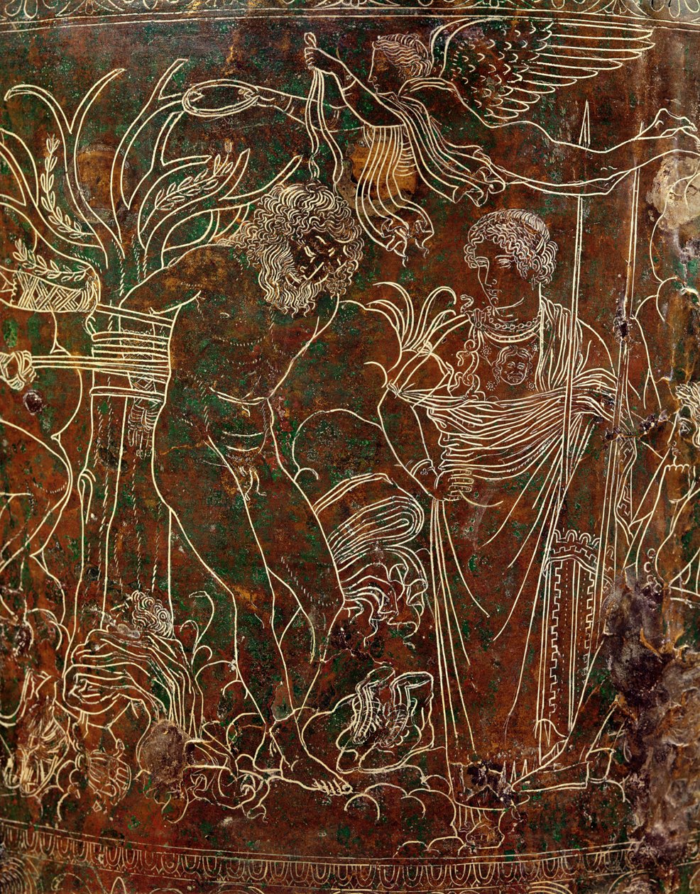 Amycus przywiązany do drzewa przez Polluxa, fragment z Ficoroni Cista, z Palestriny, ok. 320 pne (brąz) autorstwa Etruscan