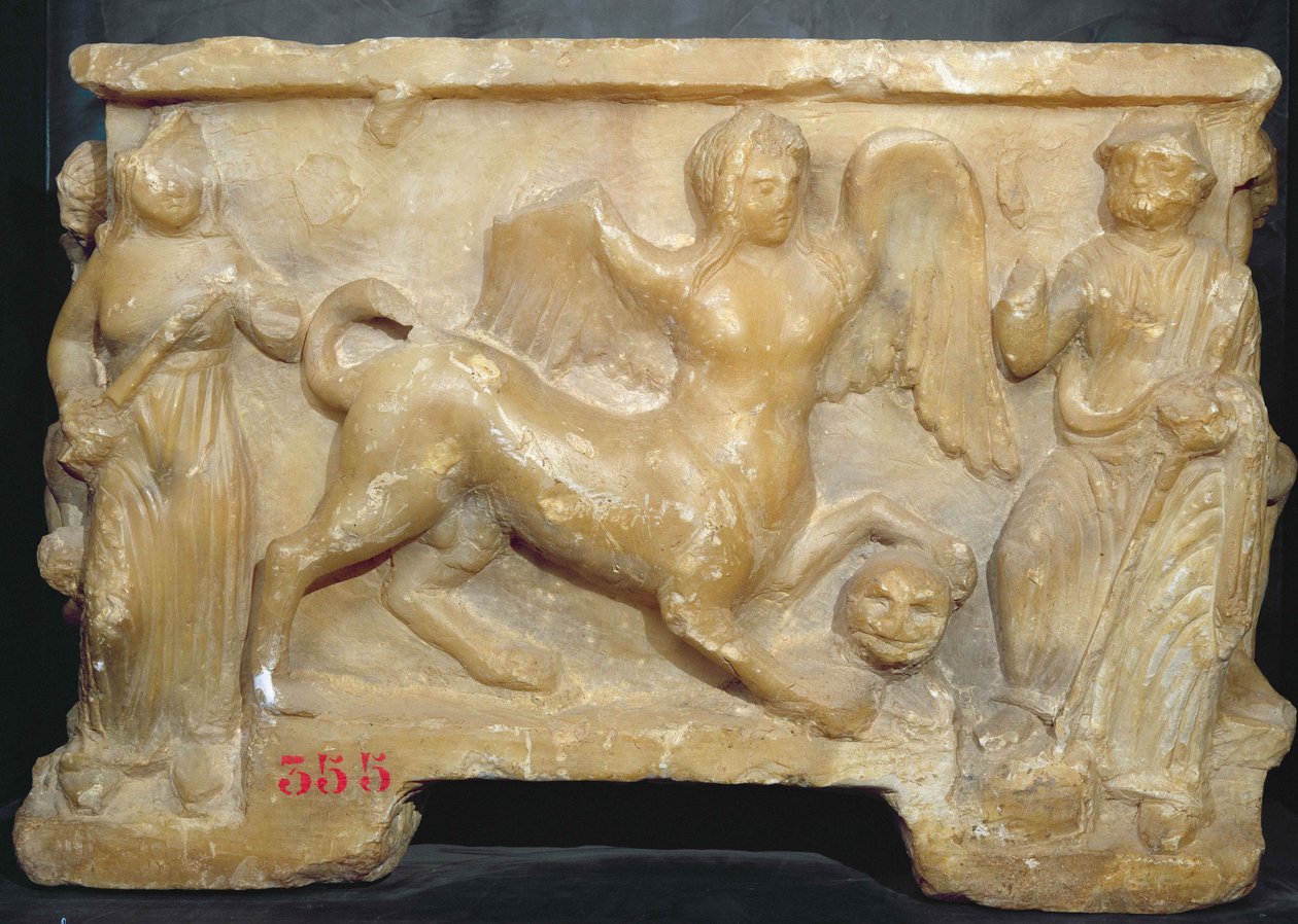 Urna pogrzebowa przedstawiająca Edypa i Sfinksa (alabaster) autorstwa Etruscan