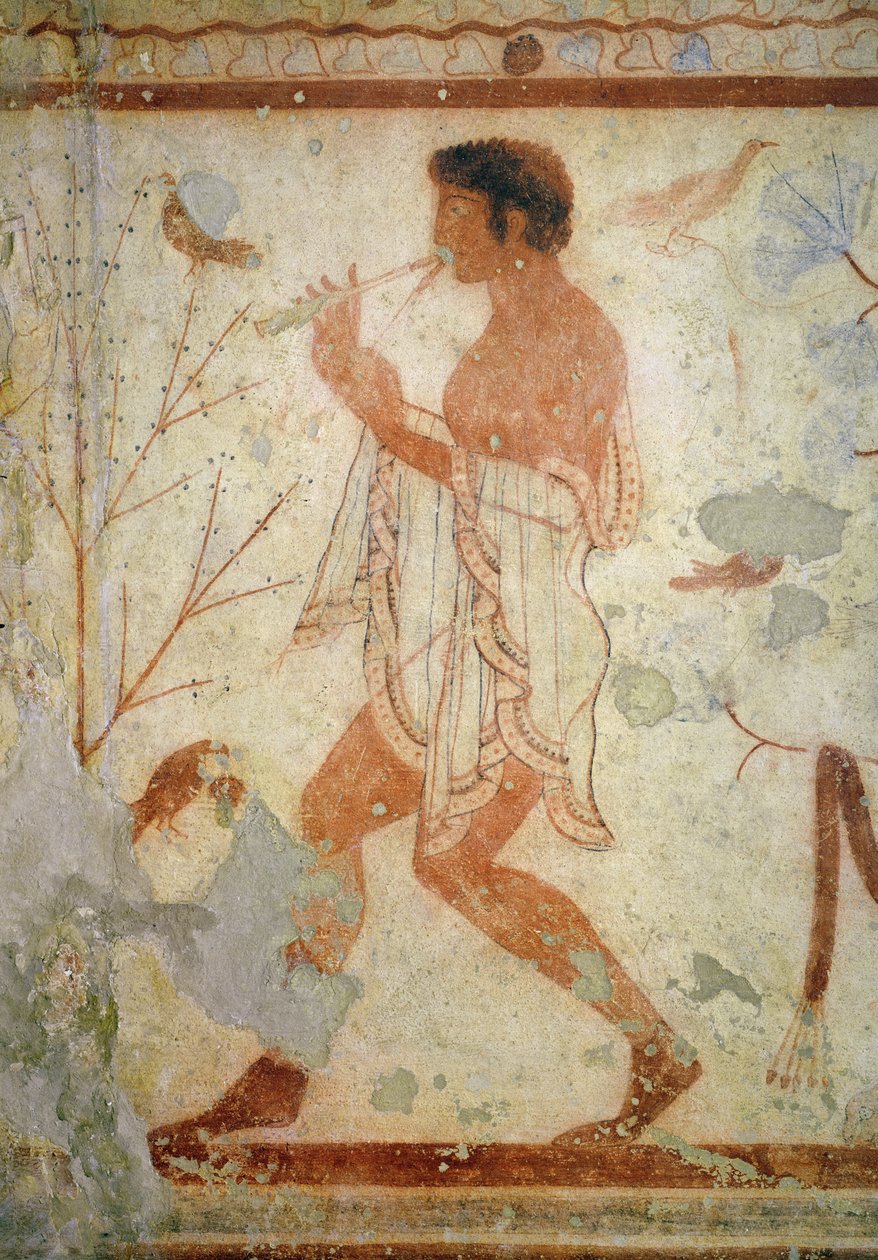 Muzyk grający na podwójnym flecie, z grobowca triclinium, ok. 470 pne (malarstwo ścienne) autorstwa Etruscan
