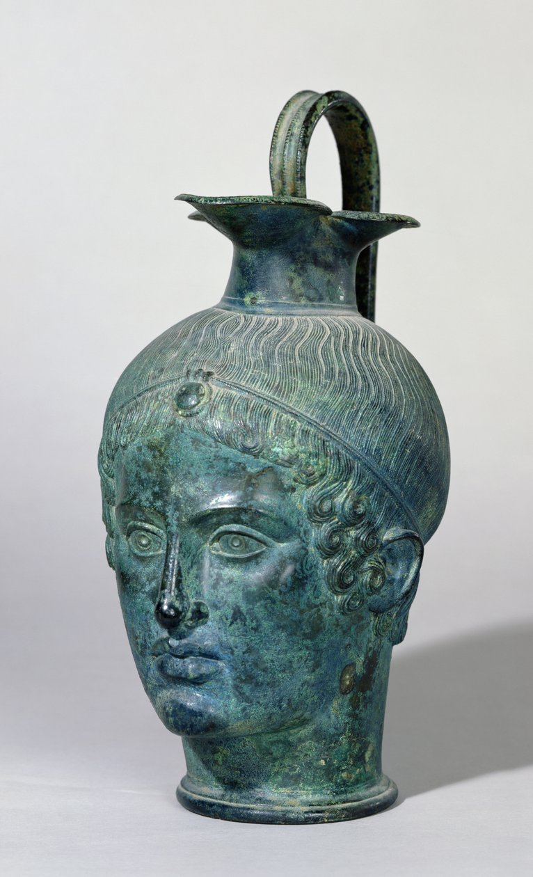 Oinochoe w formie głowy młodego mężczyzny, znanego jako „Tete de Gabies”, ok.400 pne (brąz) autorstwa Etruscan