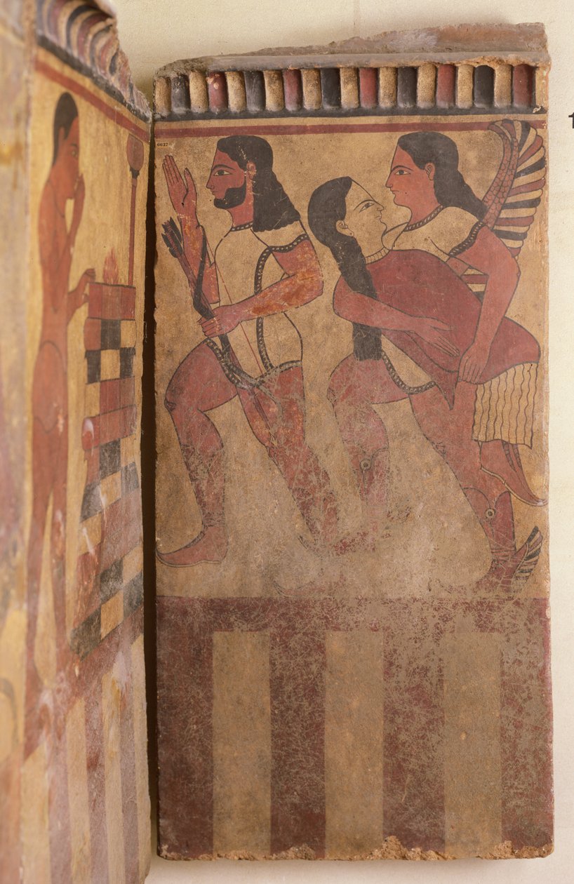 Tablica z Campany, Skrzydlaty dżin unosi kobietę w towarzystwie łucznika, ok. 550-525 p.n.e. (fresk) (detal) autorstwa Etruscan