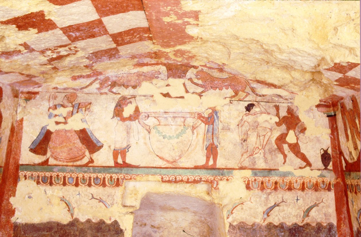 Ściana przedstawiająca muzyków, tancerki i delfiny, z grobowca lwic w nekropolii, ok. 520 p.n.e. (malowidło ścienne) autorstwa Etruscan