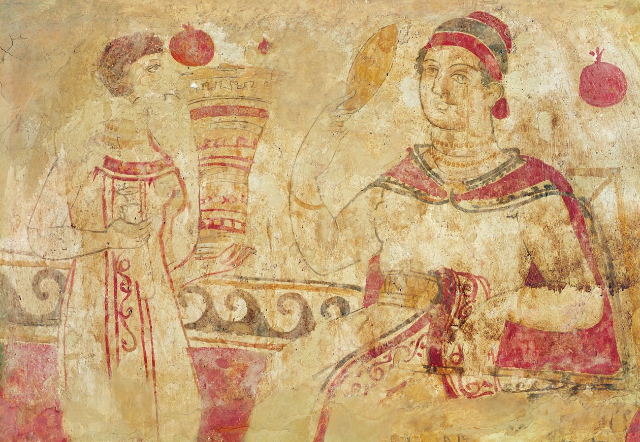 Kobieta przy toalecie, scena pogrzebowa, Okres Samnitów, V-IV w. p.n.e. (malowidło ścienne) autorstwa Etruscan
