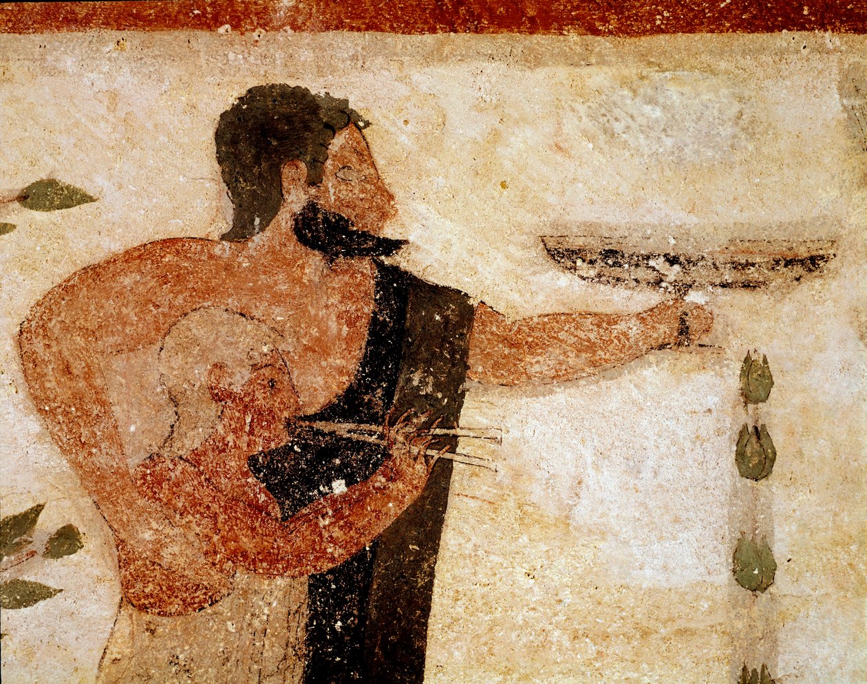 Brodaty mężczyzna przedstawiający filiżankę, obok niego muzyk (Detal fresku, 530 pne) autorstwa Etruscan