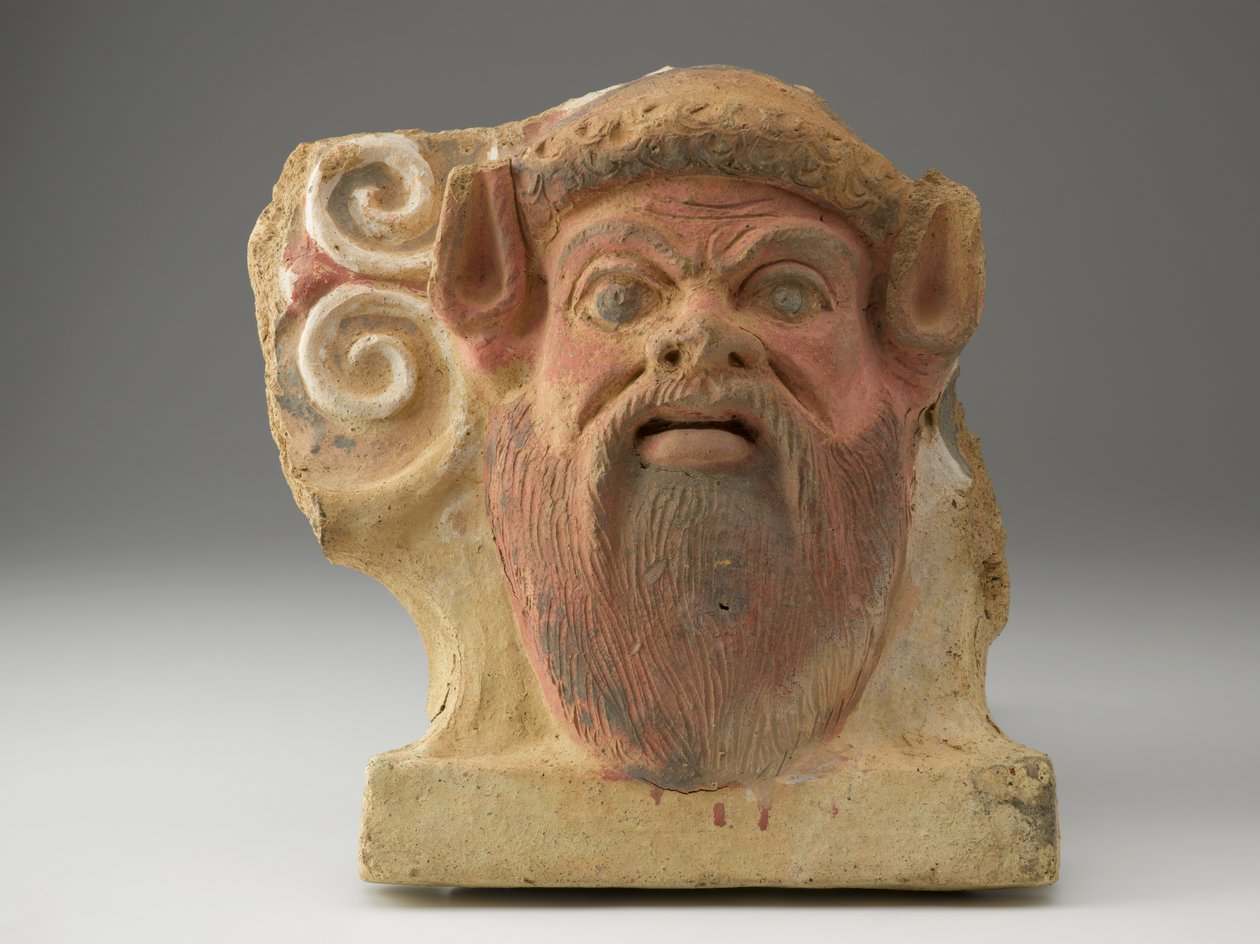 Antyfiks w kształcie głowy satyra, połowa V w. (terakota z pigmentem) autorstwa Etruscan