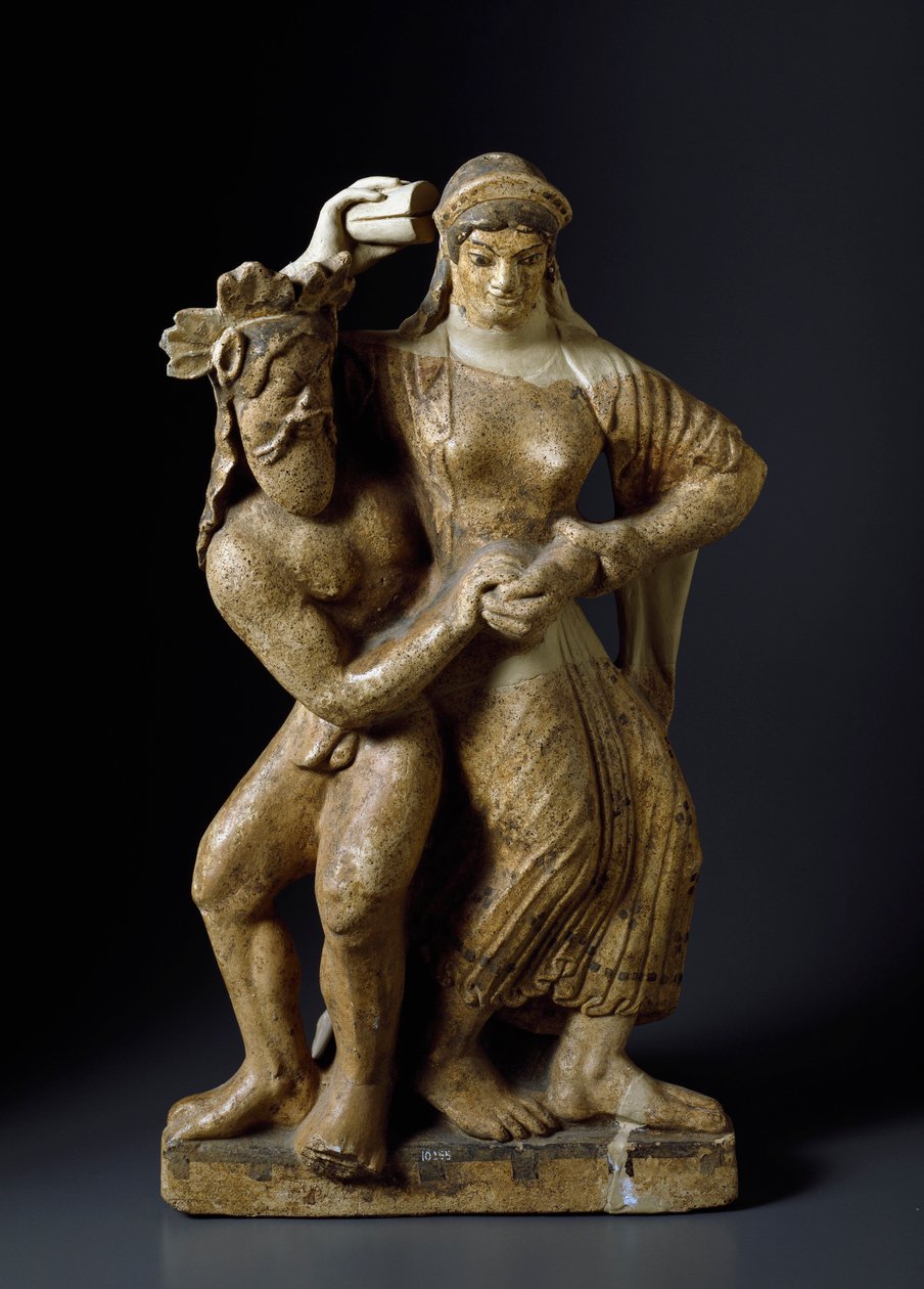 Starożytność etruska: „Satyra i tańcząca menada” Rzeźba z terakoty ze świątyni Mater matuta w Satricum. 480 pne. Ciemny. 59 cm Rzym, Muzeum Narodowe Villa Giulia autorstwa Etruscan