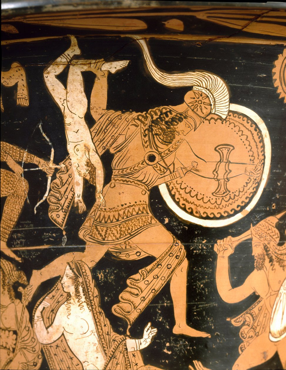 Etruski antyczne: krater dzwonów przedstawiający zniszczenie Troi: szczegół przedstawiający Neoptoleme rzucającego przez mury Astianaxa, syna Hektora. Z Falerii Veteres (Civita Castellana). 350-300 pne. Rzym, Museo Nazionale di Villa Giulia autorstwa Etruscan