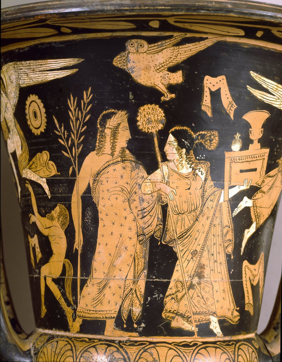 Etruski antyczne: krater dzwonów przedstawiający zniszczenie Troi: szczegół przedstawiający Dionizosa i Arianę. Z Falerii Veteres (Civita Castellana). 350-300 pne. Rzym, Muzeum Narodowe Villa Giulia autorstwa Etruscan