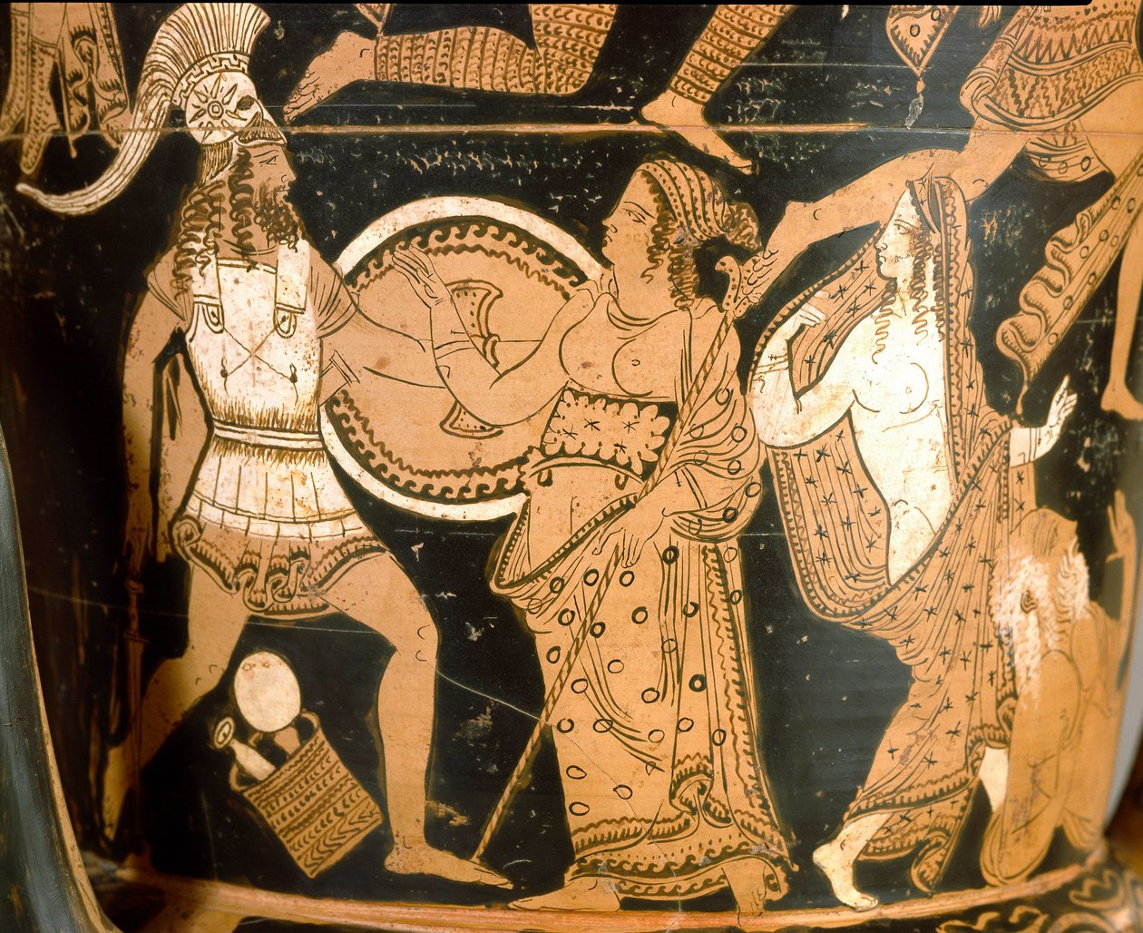 Antyczny etruski: krater w dzwonie przedstawiający zniszczenie Troi: szczegół przedstawiający Menelasa w obliczu Afrodyty, Helene jest przedstawiona po prawej stronie. Z Falerii Veteres (Civita Castellana). 350-300 pne. Rzym, Museo Nazionale di Villa Giuli autorstwa Etruscan