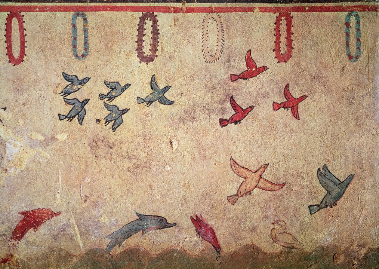 Ptaki wodne i skaczące delfiny, z Grobowca Łowiectwa i Rybołówstwa, ok. 520-10 pne (malowidło ścienne) autorstwa Etruscan