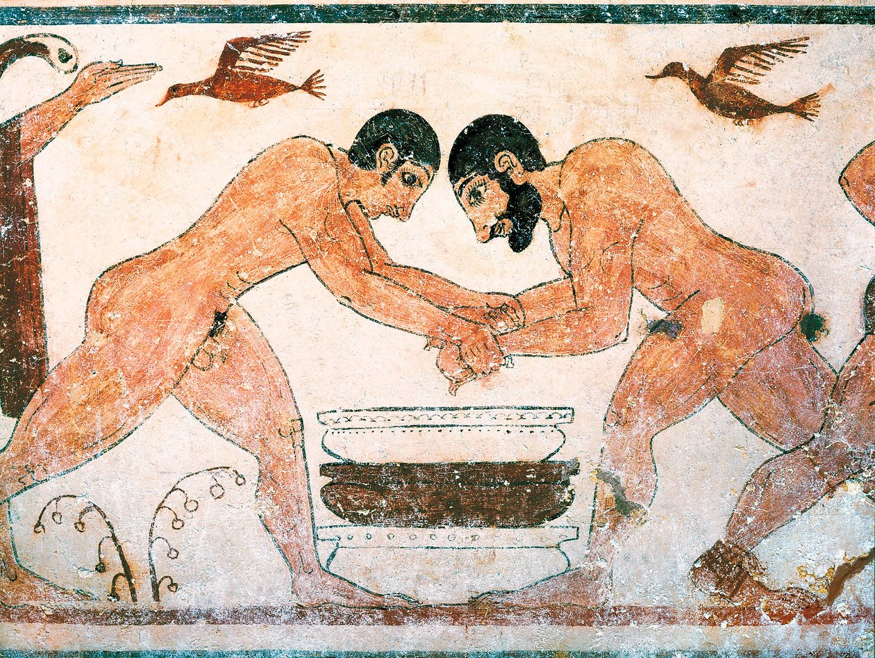 Sztuka etruska: sportowcy przedstawieni w grobowcu wróżbitów na nekropolii Monterozzi Tarquinia, niedaleko Viterbo we Włoszech. Fresk z VI wieku p.n.e. autorstwa Etruscan
