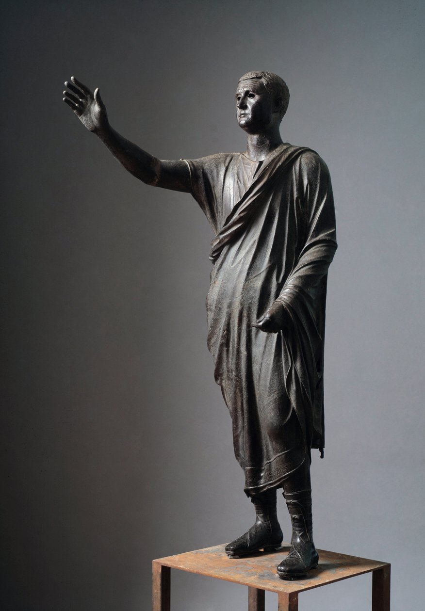 Aule Metele (Mówca), orator rzymski - Rzeźba etruska z brązu, wys. 179 cm, ok. 90-70 pne, z Pila, Włochy - Cywilizacja etruska: „” Urzędnik Perugii Aulus Metellus mówi Mówca lub Arringatore”” Rzeźba z brązu autorstwa Etruscan