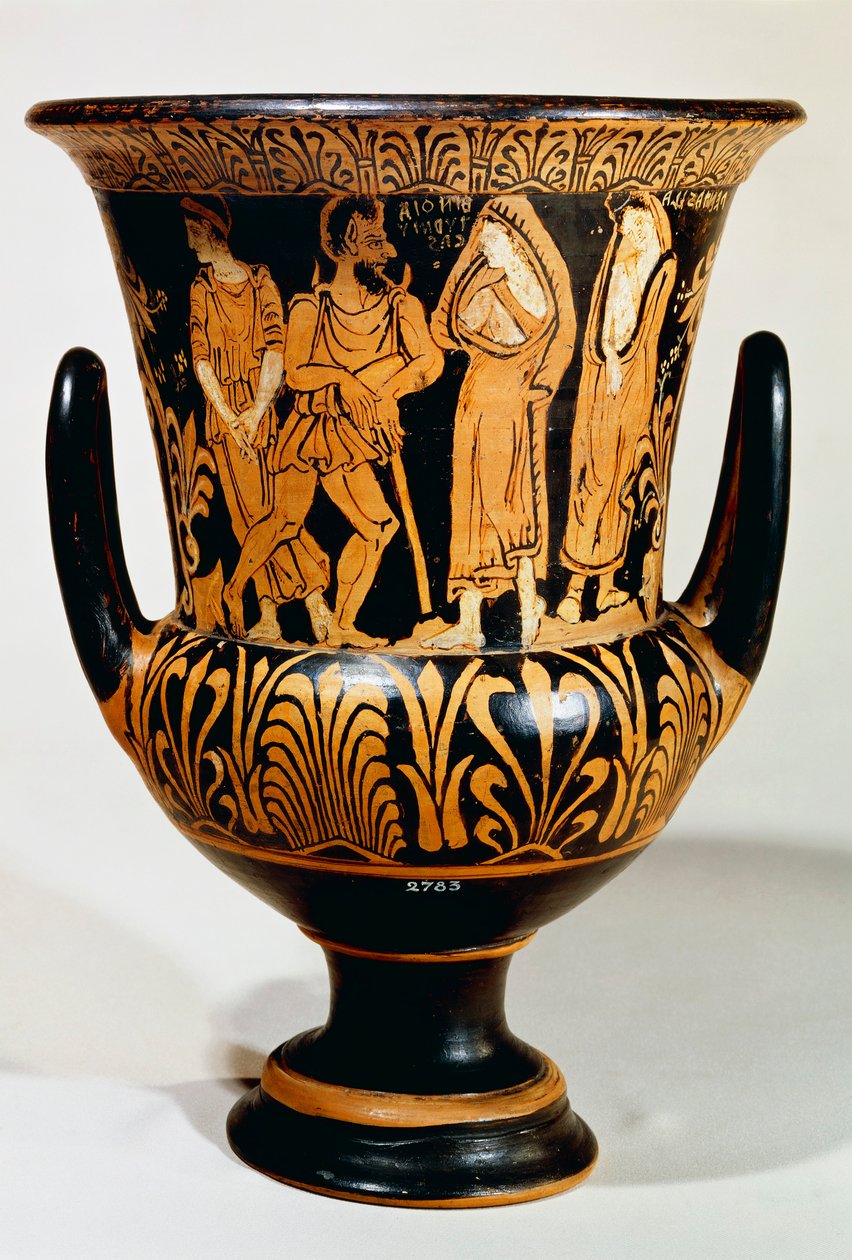 Calyx-krater (duży wazon) autorstwa Turmuca Paintera przedstawiający scenę z podziemi z Charonem i dziewczynami. Ceramika czerwonofigurowa z Vulci (Lazio). Cywilizacja etruska, 330-300 p.n.e. autorstwa Etruscan