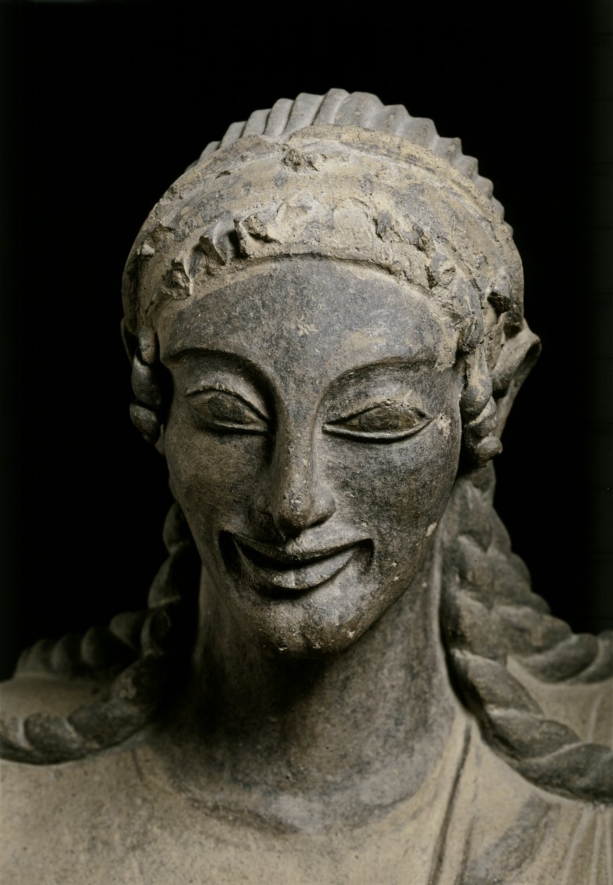 SZTUKA ETRUSKA: Apollo (detal). ok. 510-490 p.n.e. Z Veius, sanktuarium o..., ok. 510-490 p.n.e. (terakota) autorstwa Etruscan
