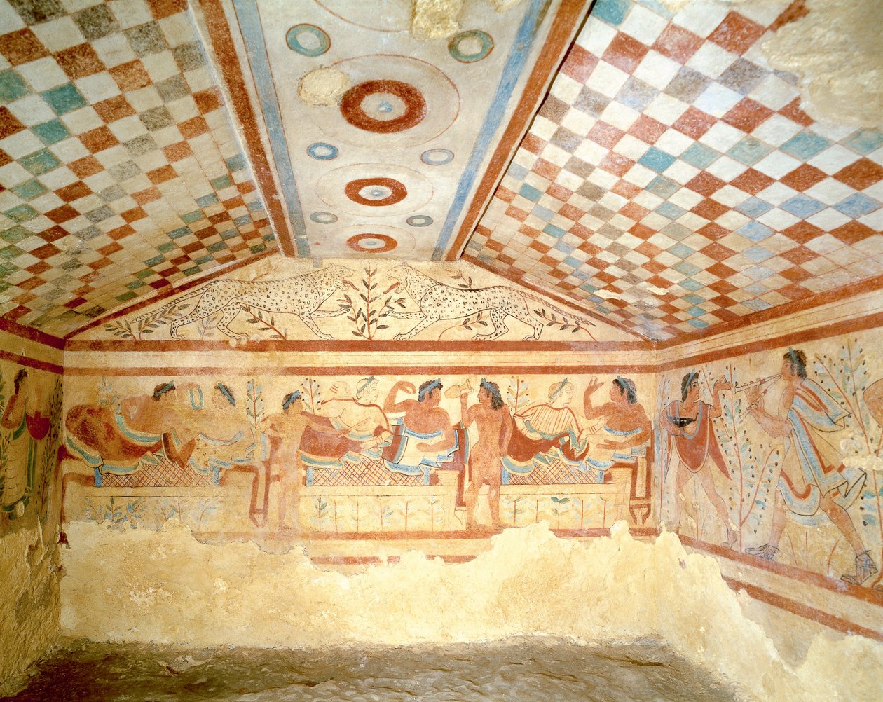 Etruski Grobowiec Lampartów, fresk przedstawiający scenę bankietową, Tarquinia. V wiek pne, Włochy (fresk) autorstwa Etruscan