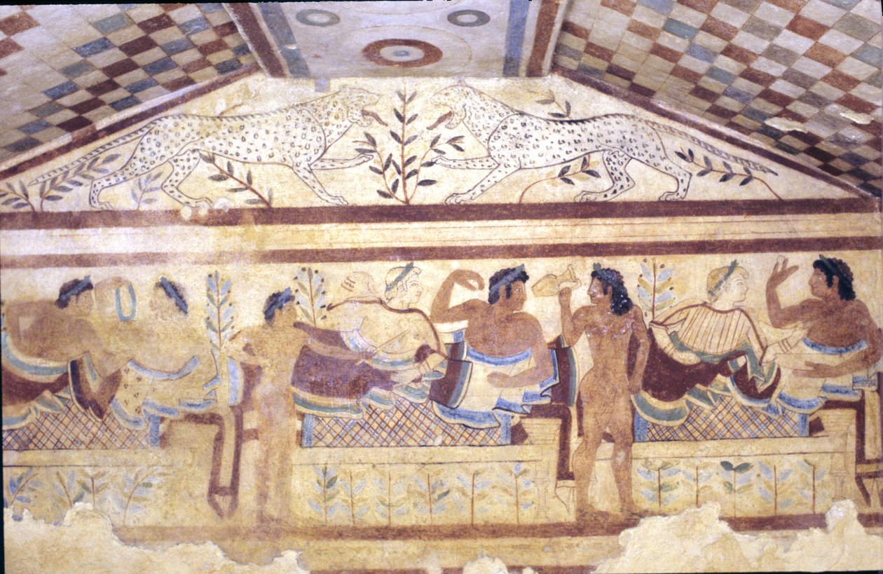 Etruski Grobowiec Lampartów, fresk przedstawiający scenę bankietową, Tarquinia. V wiek pne, Włochy (fresk) autorstwa Etruscan