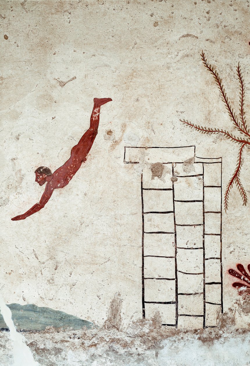 Sztuka etruska: młody pływak nurkujący. Fresk grobu „nurka”. Szczegół. Z południowego cmentarza Paestum. 480-470 pne. Museo Archeologico Nazionale, Paestum autorstwa Etruscan