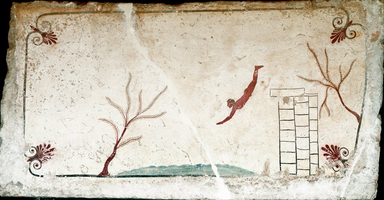 Sztuka etruska: młody pływak nurkujący. Fresk grobu „nurka”. Z południowego cmentarza Paestum. 480-470 pne. Museo Archeologico Nazionale, Paestum autorstwa Etruscan