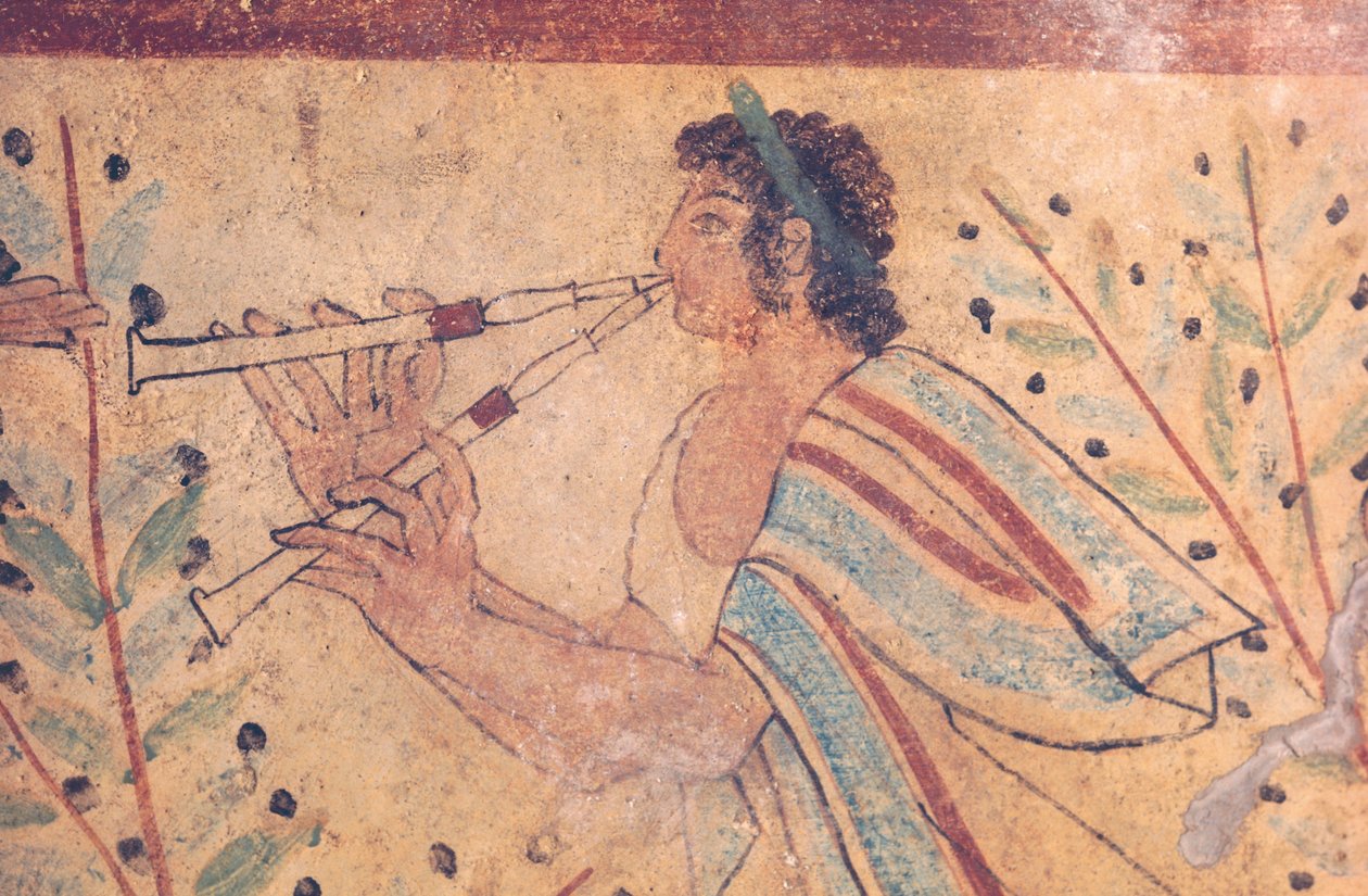 Sztuka etruska: flecista. Fragment fresku w Grobie Lampartów na nekropolii de Monterozzi we Włoszech, początek V wieku p.n.e. (fresk) autorstwa Etruscan