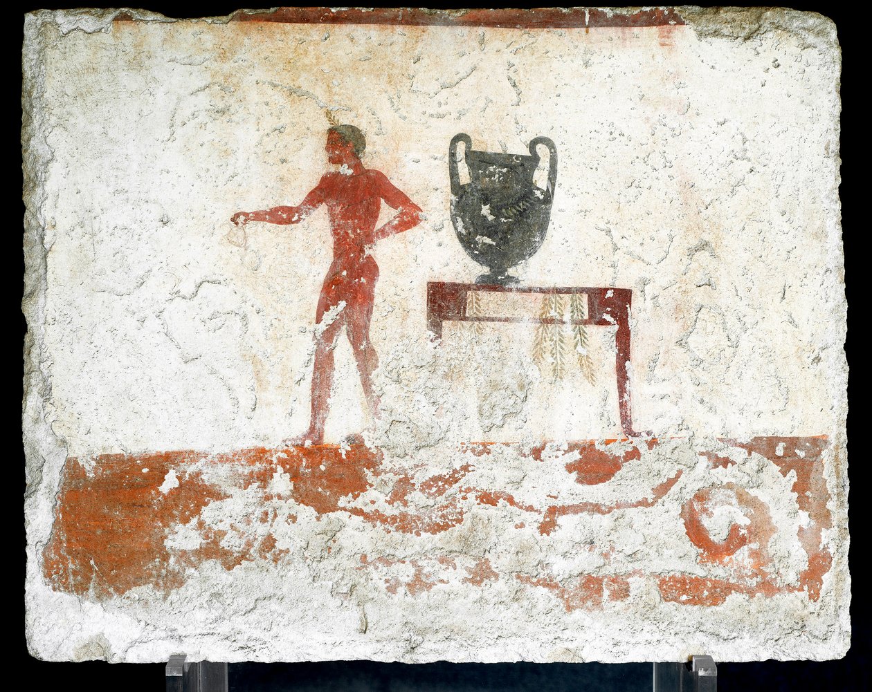 Sztuka etruska: młody nagi efeb przy stole, na którym stoi wazon. Fresk grobu „nurka”. Z południowego cmentarza Paestum. 480-470 pne. Museo Archeologico Nazionale, Paestum autorstwa Etruscan