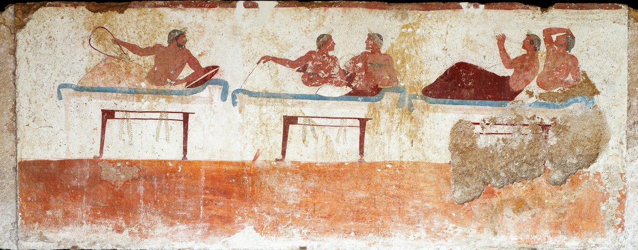 Sztuka etruska: scena bankietowa. Fresk grobu „nurka”. Z południowego cmentarza Paestum. 480-470 pne. Museo Archeologico Nazionale, Paestum autorstwa Etruscan