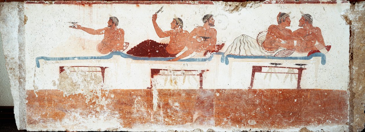 Sztuka etruska: scena bankietowa. Fresk grobu „nurka”. Z południowego cmentarza Paestum. 480-470 pne. Museo Archeologico Nazionale, Paestum autorstwa Etruscan