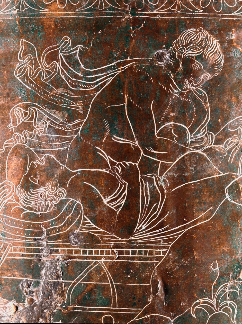 Sztuka etruska: fragment brązowego Cistusa Ficoroni przedstawiający legendę Argonautów: statek Argos. Z Preneste (Palestrina). 340 pne. Museo Nazionale di Villa Giulia, Rzym autorstwa Etruscan