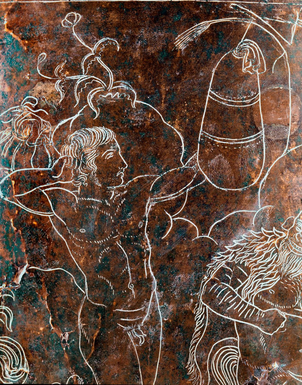 Sztuka etruska: fragment brązowego Cistusa Ficoroni przedstawiający legendę Argonautów: argonauta szkolący się w pugilacie. Z Preneste (Palestrina). 340 pne. Muzeum Narodowe Villa Giulia, Rzym autorstwa Etruscan