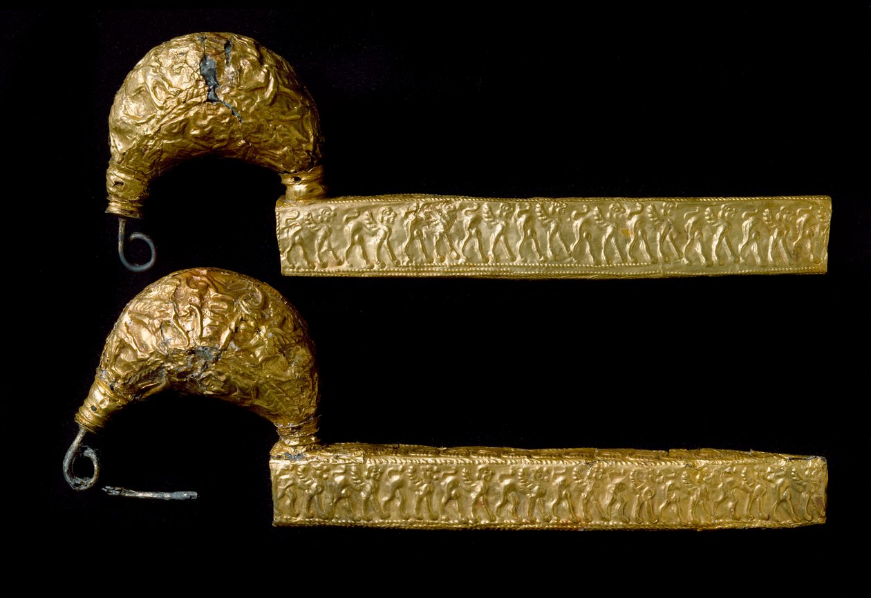 Sztuka Etrusków: fibule (szpilki) w złocie. 630 P.N.E. Z grobowca Licteura (Littore) a Vetulonia (lub Vetulonium). Dim. 21 cm Florencja, Museo Archeologico autorstwa Etruscan