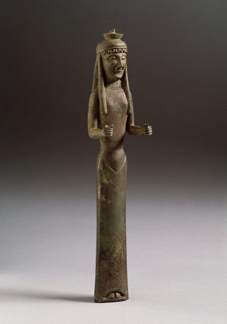 Sztuka etruska: figura ofiarującego (sztuka etruska, figura ofiarna, rzeźba z brązu z Włoch, 550 pne, wym. 36 cm) Rzeźba z brązu, Włochy 550 pne Florencja, Museo Archeologico autorstwa Etruscan