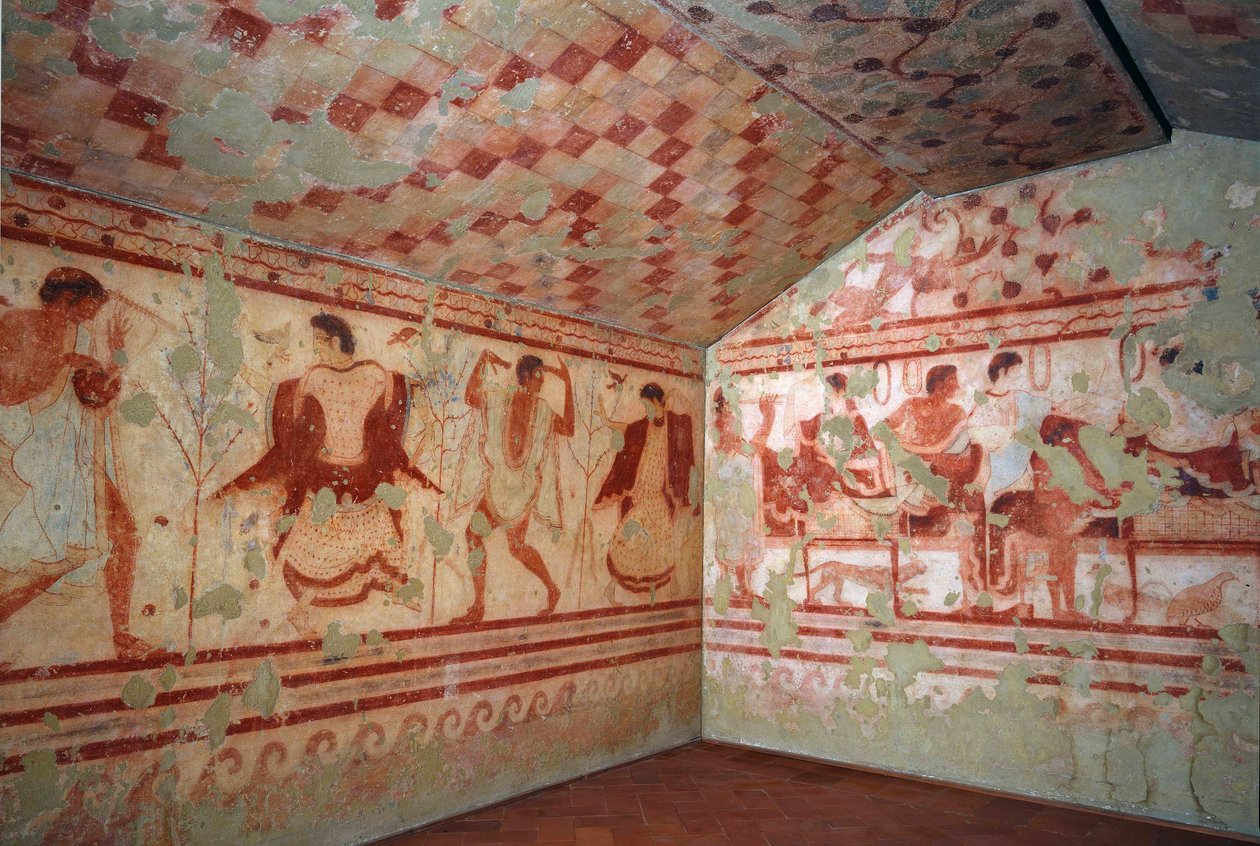 Sztuka etruska: freski przedstawiające sceny bankietowe. Grobowiec Triclinium. V wiek pne. Narodowe Muzeum Archeologiczne w Tarquinia Włochy autorstwa Etruscan