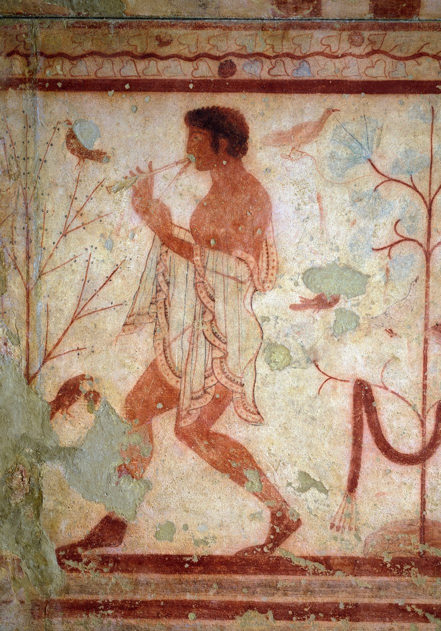 Sztuka etruska: freski przedstawiające sceny bankietowe, detal przedstawiający flecistę. Grobowiec Triclinium. V wiek pne. Narodowe Muzeum Archeologiczne w Tarquinia Włochy autorstwa Etruscan