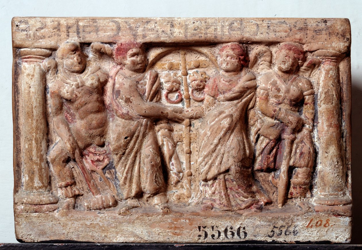 Cywilizacja etruska: Terakotowa urna z Chiusi Włochy - II wiek pne Wymiary 20x30 cm (sztuka etruska: terakotowa urna II wiek pne) Florencja, Museo Archeologico, inw 5566 autorstwa Etruscan