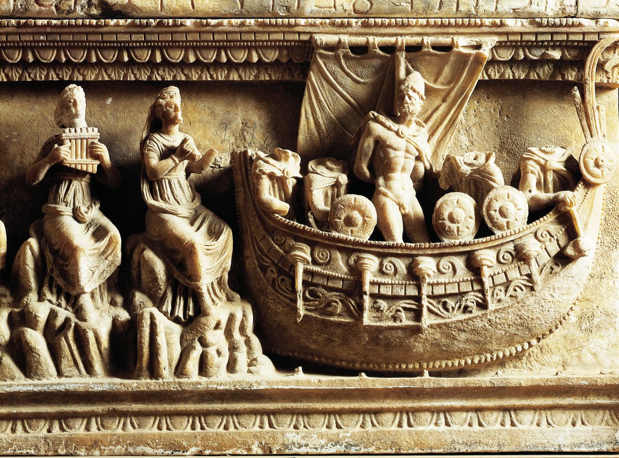Cywilizacja Etrusków, alabastrowa urna, fragment płaskorzeźby przedstawiający Odyseusza i Syreny autorstwa Etruscan