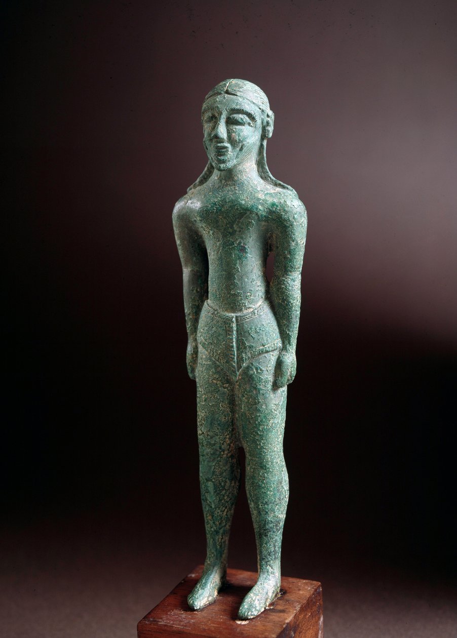 Cywilizacja etruska: rzeźba z brązu „kouros”, z Castello koło Florencji, Włochy, 550 pne, wym. 15 cm autorstwa Etruscan