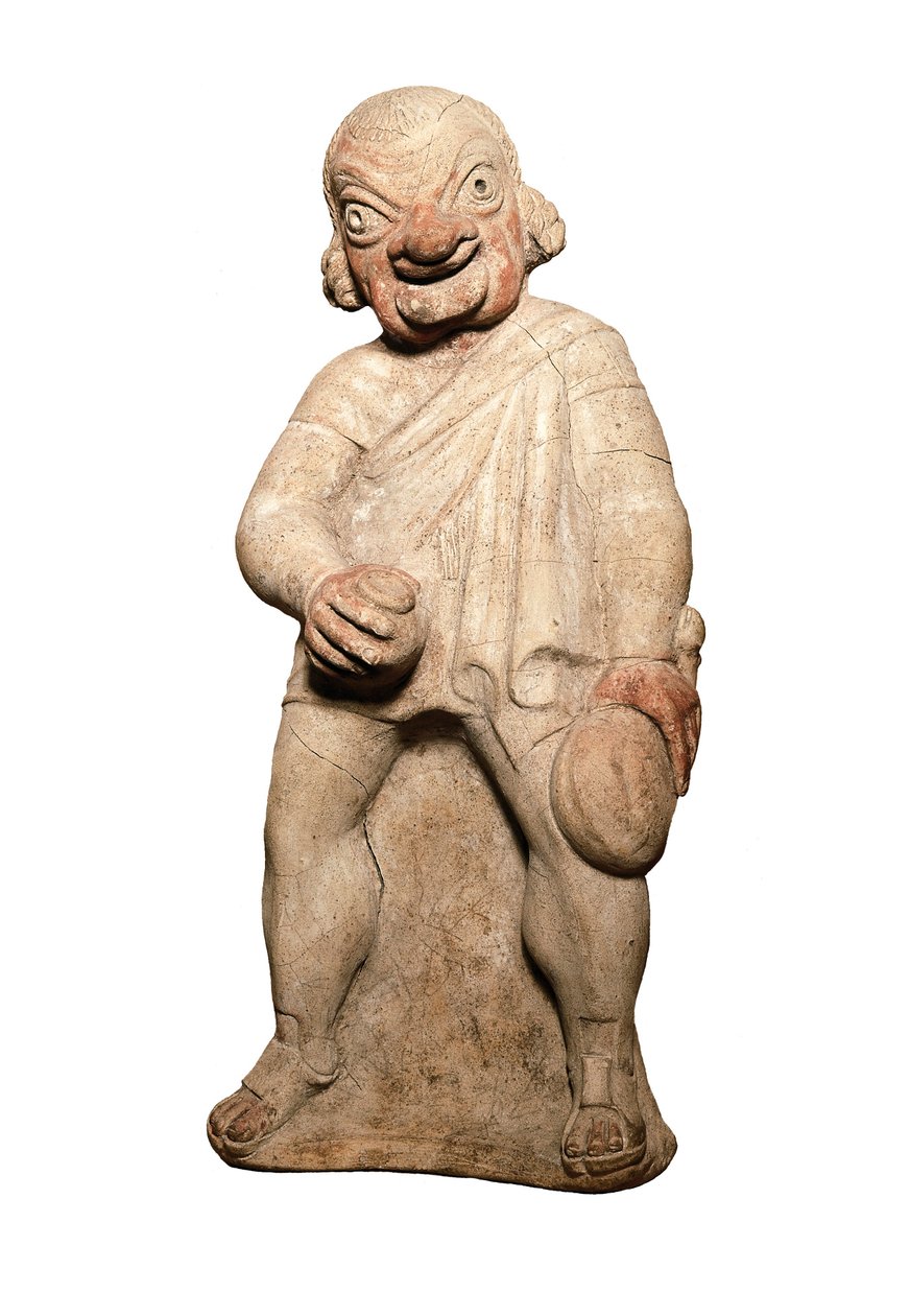 Cywilizacja etruska: przedstawienie aktora komicznego z groteskową ekspresją. Rzeźba z II wieku przed JC. Londyn, brytyjskie muzeum autorstwa Etruscan