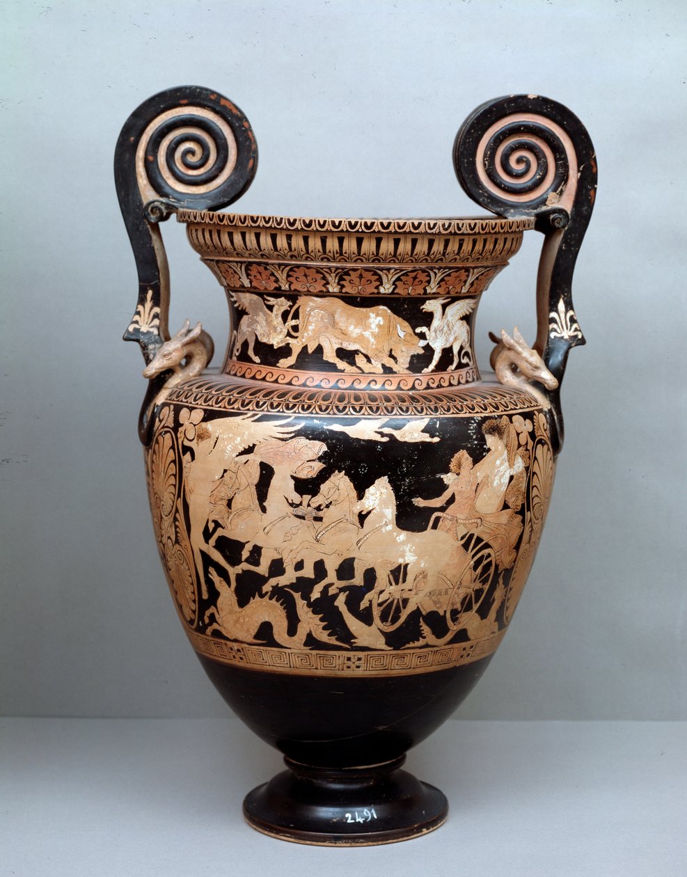 Cywilizacja etruska: krater z terakoty z wolutami przedstawiającymi zorzę polarną na jej rydwanie, 360-340 pne, z Cerveteri we Włoszech autorstwa Etruscan
