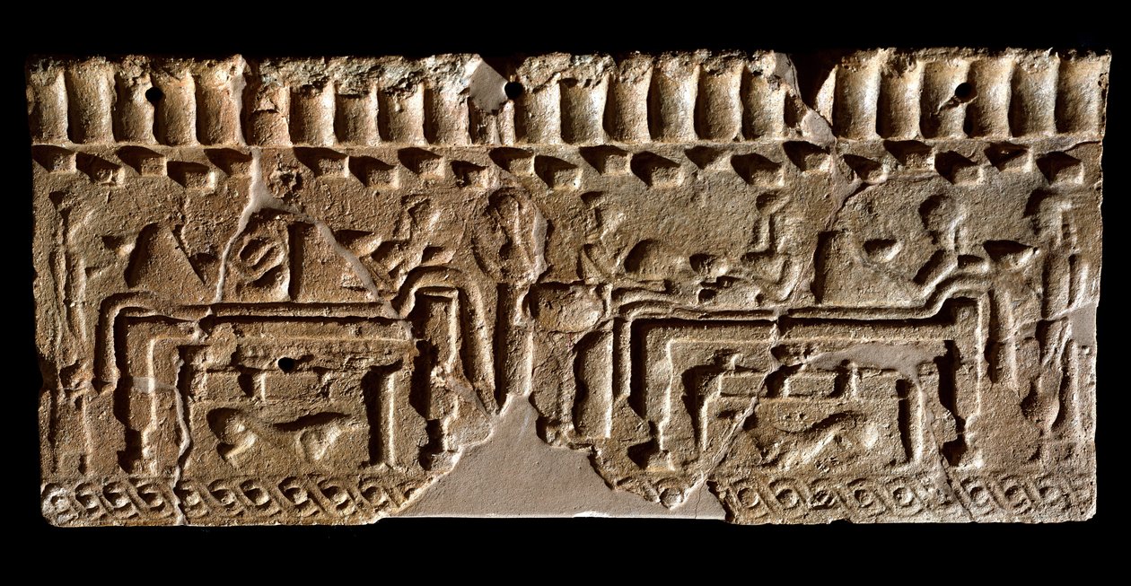 Cywilizacja etruska: fryz z terakoty ozdobiony sceną bankietową. 580 pne Wym. 24x54 cm. Z Pałacu Murlo. Murlo, Antiquarium Comunale autorstwa Etruscan