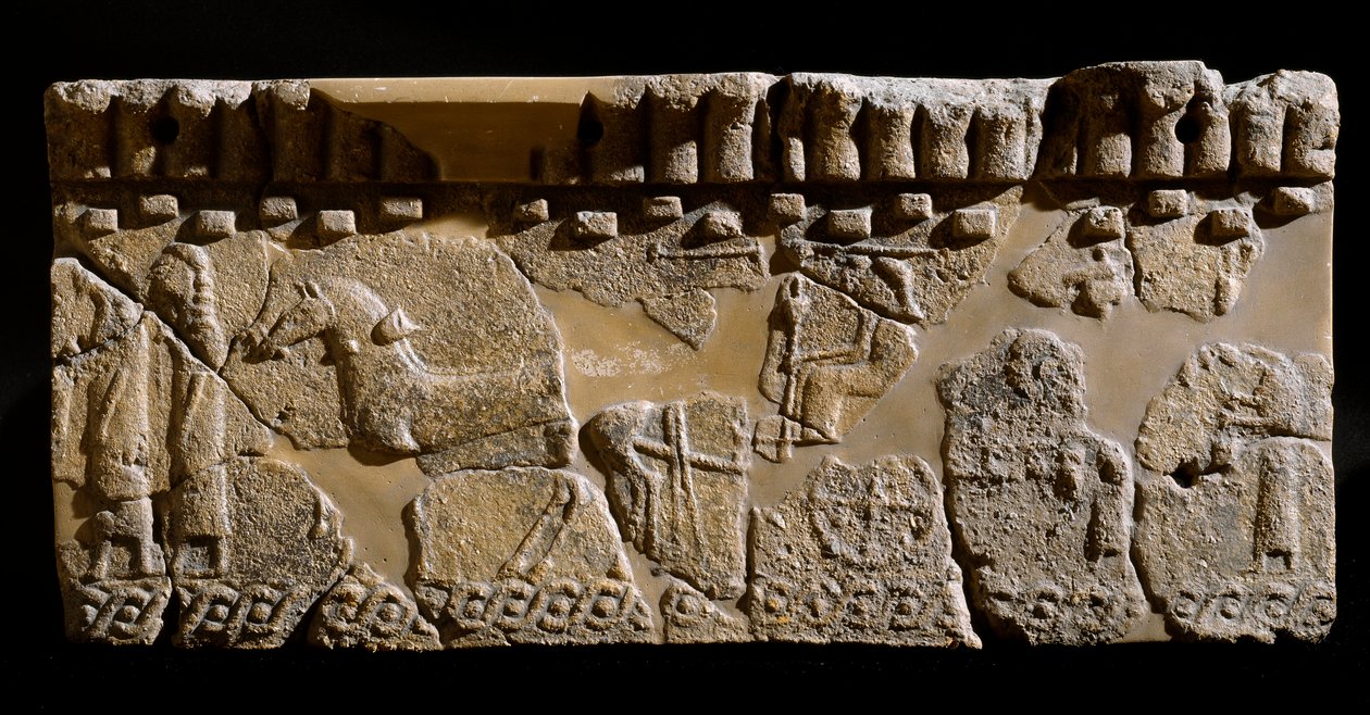 Cywilizacja etruska: fryz terakotowy decoree konduktu. VI wiek p.n.e. Z 2. Pałacu Murlo. Ciemny. 24x39 cm Murlo, Antiquarium Comunale autorstwa Etruscan