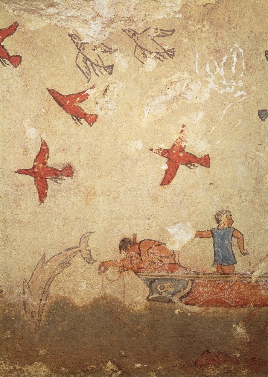 Łódź rybacka, z Grobowca Łowiectwa i Rybołówstwa, ok. 520-10 pne (malarstwo ścienne) autorstwa Etruscan