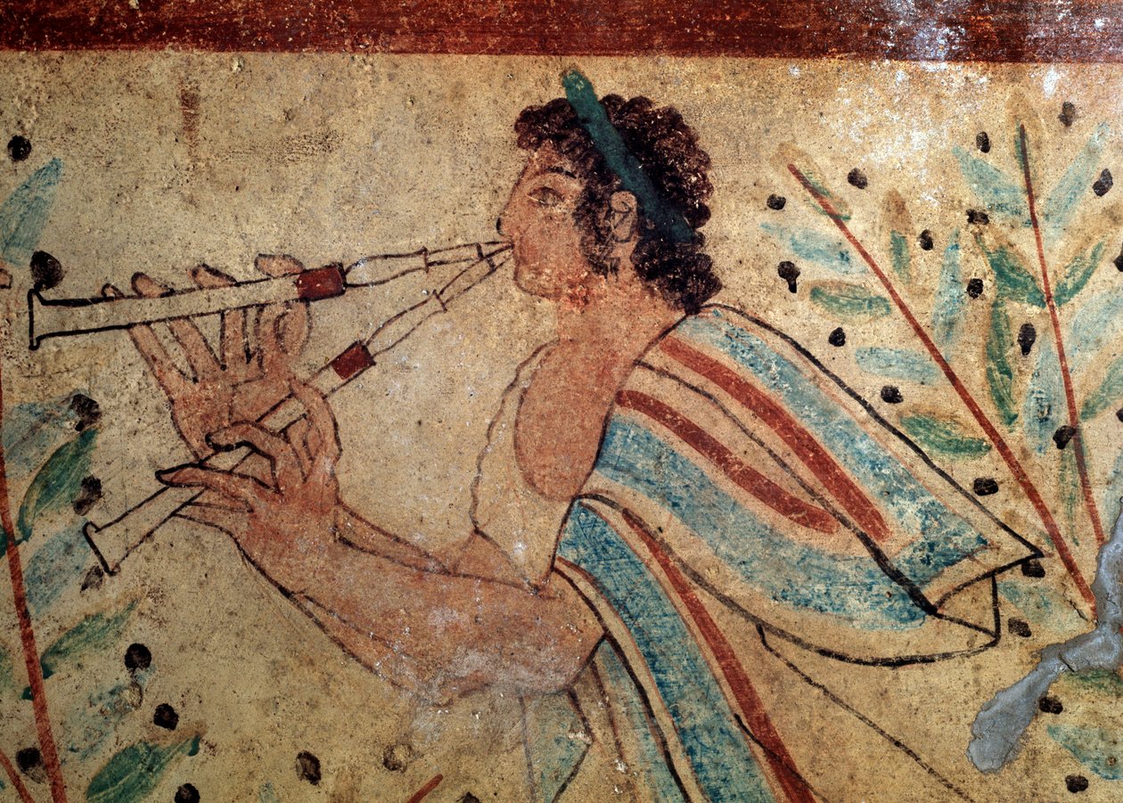 Flecista. Fragment fresku Grobowca Lampartów, V wiek p.n.e. autorstwa Etruscan
